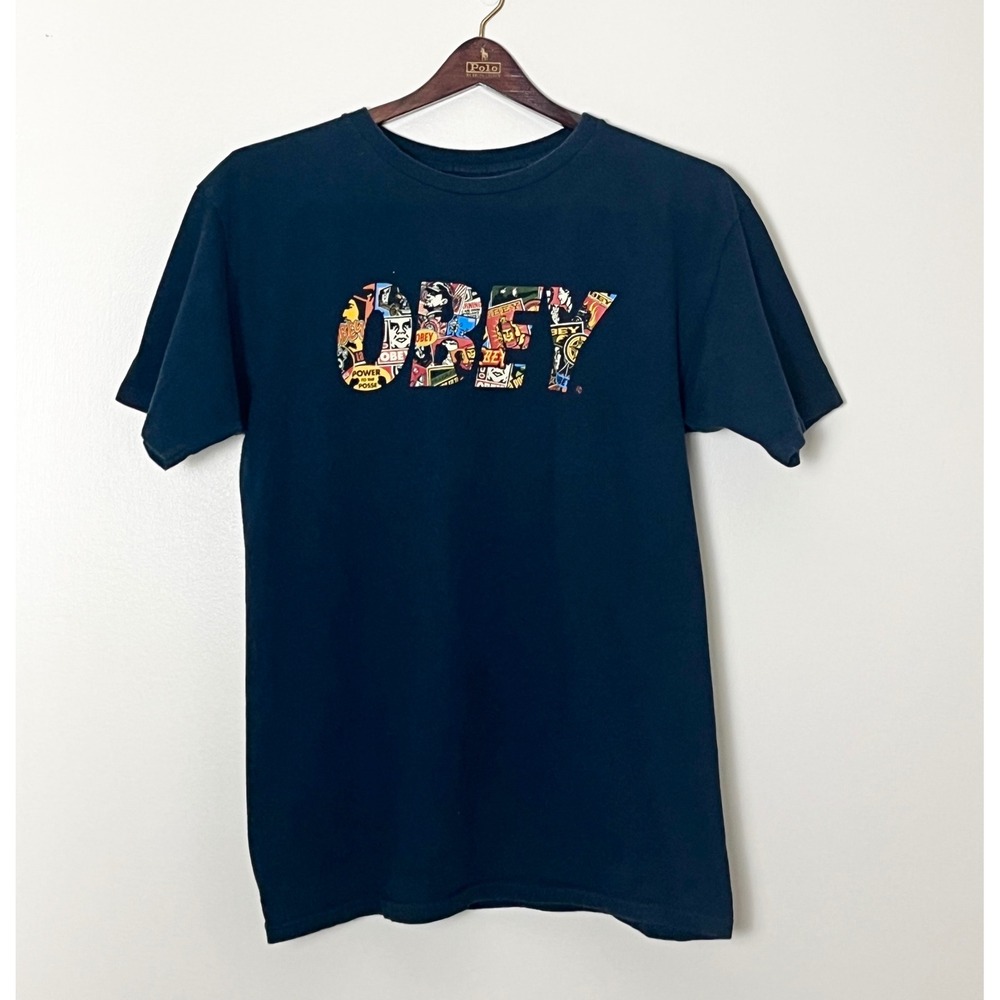 Obey T-Shirt Mens Medium Navy Blue Graphic Propaganda Collage Logo Streetwear